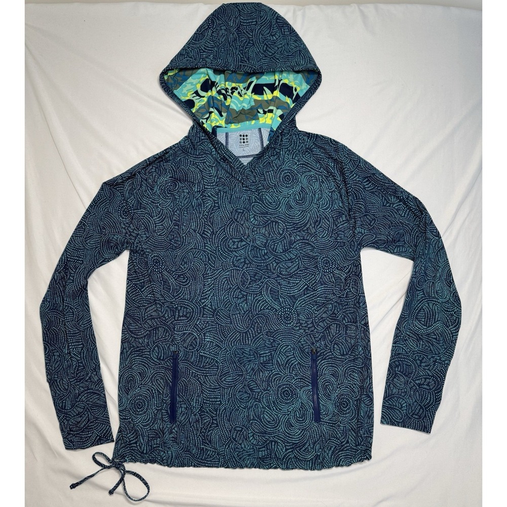 Title Nine Sunbuster Kiyomi Sunshirt Blue Print Hooded Pullover Top Women Size L